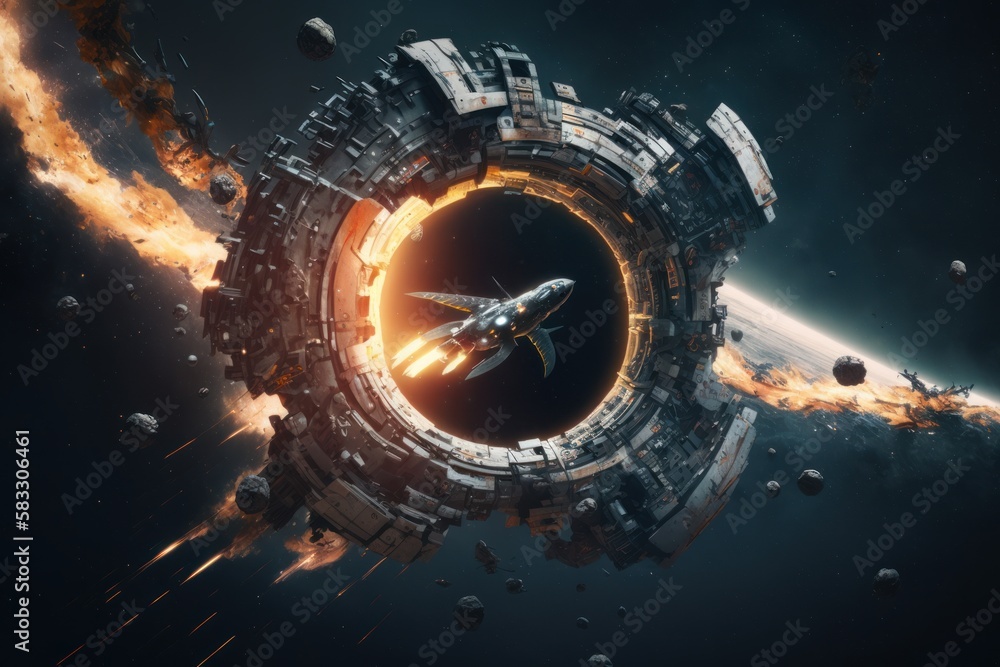 nHighly Detailed Illustration of a Realistic Space Station Orbiting a Black Hole: A Visual Concept o