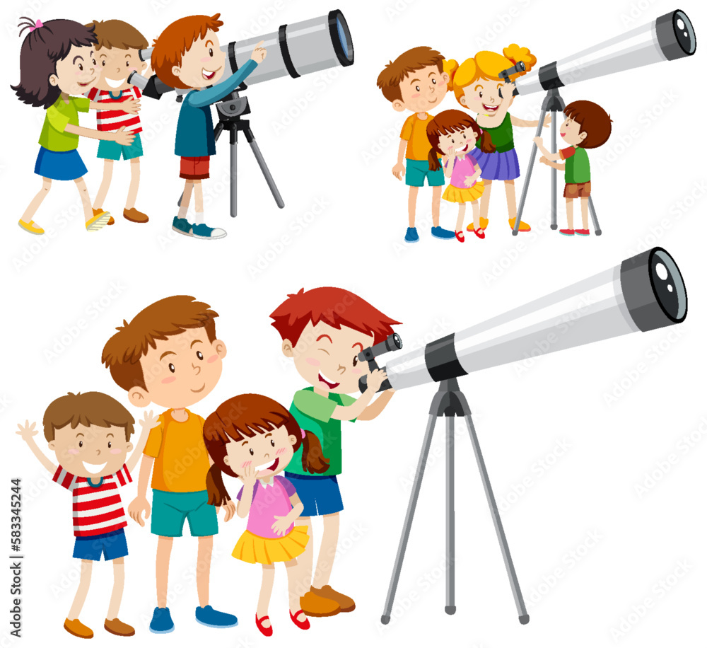 Playful Children Using Telescopes Vector Collection