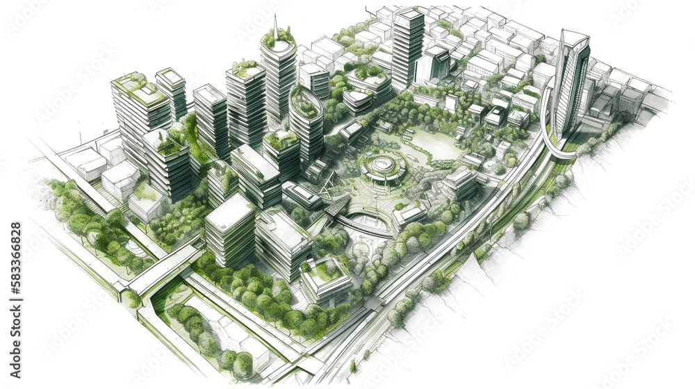 Urban project planning. Green sustainable design, creating eco friendly spaces, promoting energy eff