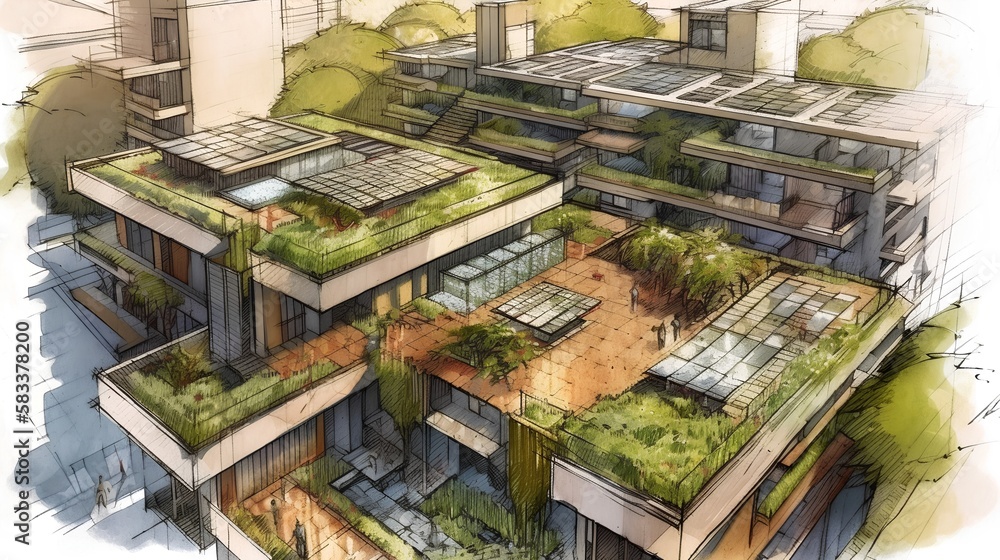 Sketch of sustainable urban architecture, featuring green roofs and solar panels. Eco friendly desig