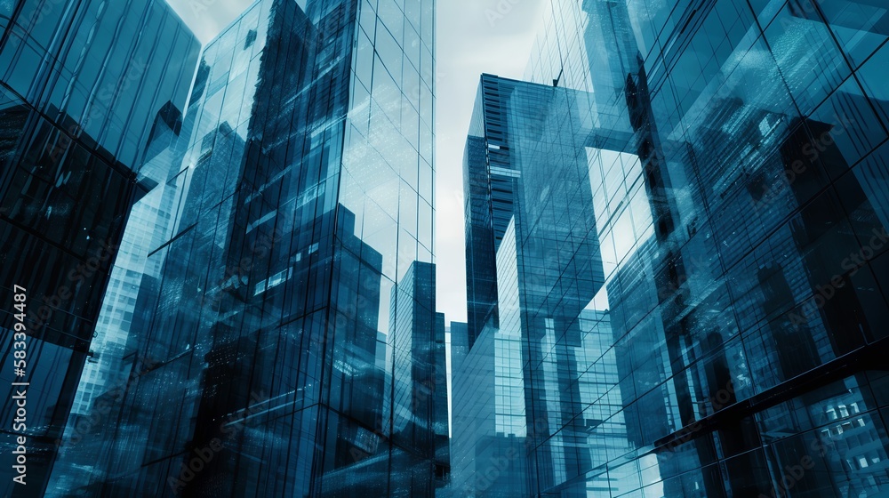 Glossy glass skyscrapers in urban city environment. Corporate businesses, high rise office spaces, a