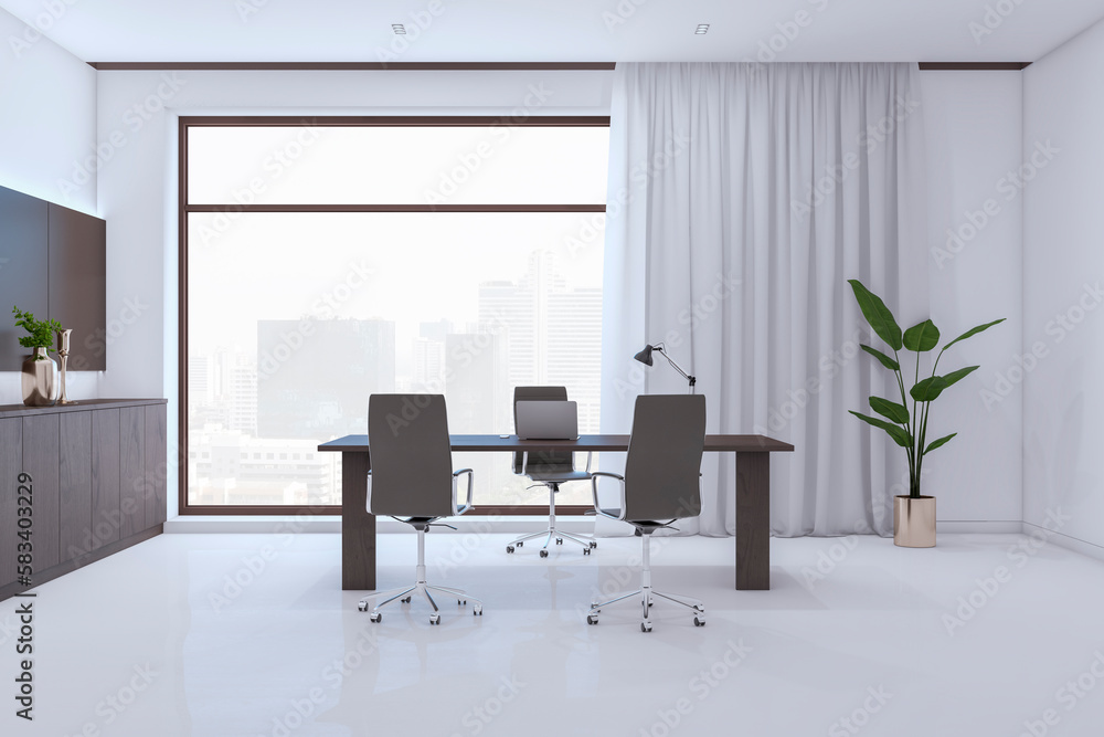 Contemporary white office interior with furniture and equipment, window with city view and curtain. 