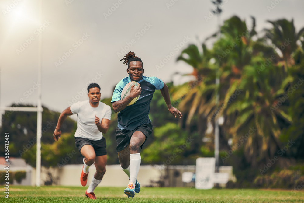 Rugby, chase and black man with ball running to score goal on field at game, match or practice worko