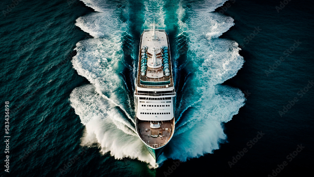 Aerial view of a cruise ship at sea, generative ai