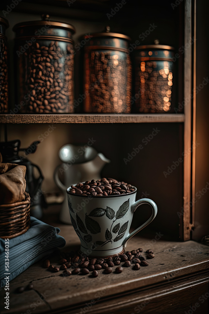 Coffee Beans in a copper mug on a shelf in a rustic kitchen. Illustration AI Generative