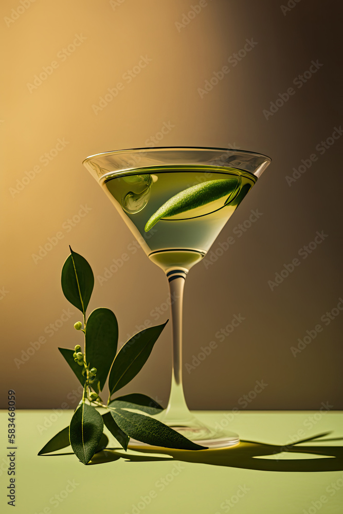 Dry Martini with Lime on Sage Green Background. Illustration AI Generative