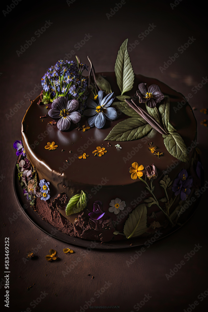 Chocolate Cake decorated with edible flowers and leaves. Illustration AI Generative