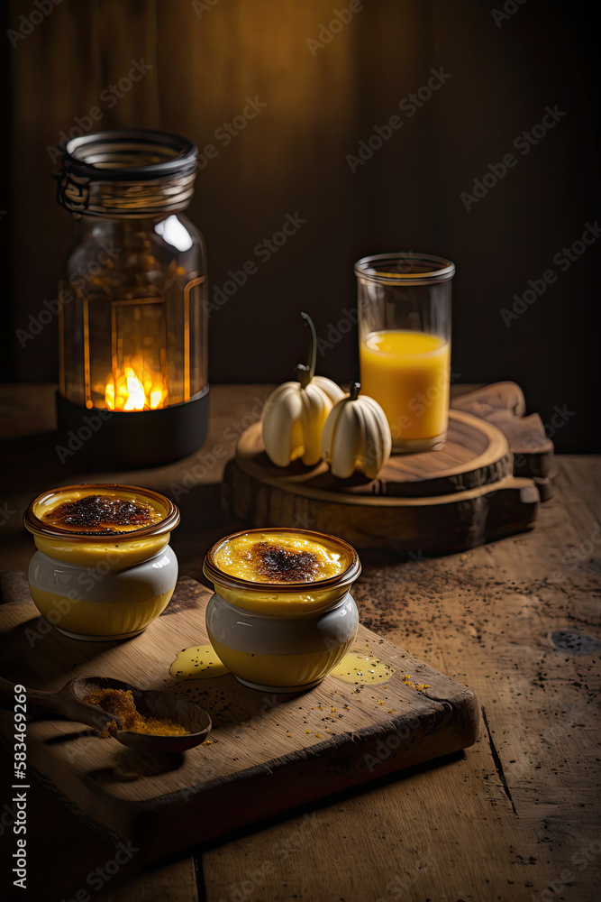 Crema Catalana Spanish Custard on a wooden kitchen top. Illustration AI Generative