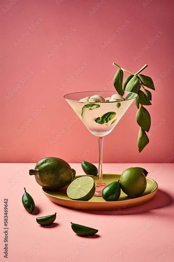 Dry Martini with Lime on Sage Green Background. Illustration AI Generative