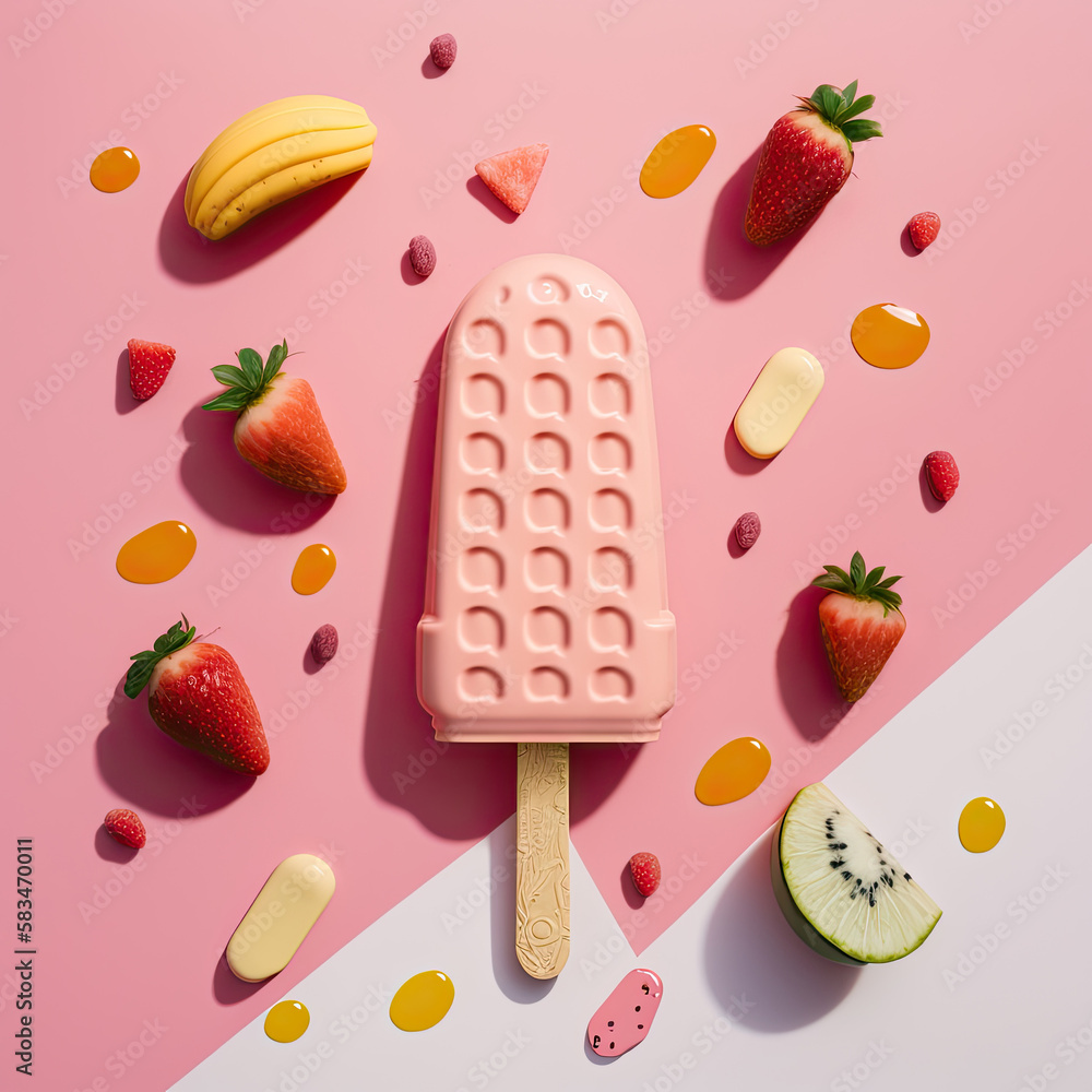 Fruit popsicle with ingredients over pink tile background. Illustration AI Generative