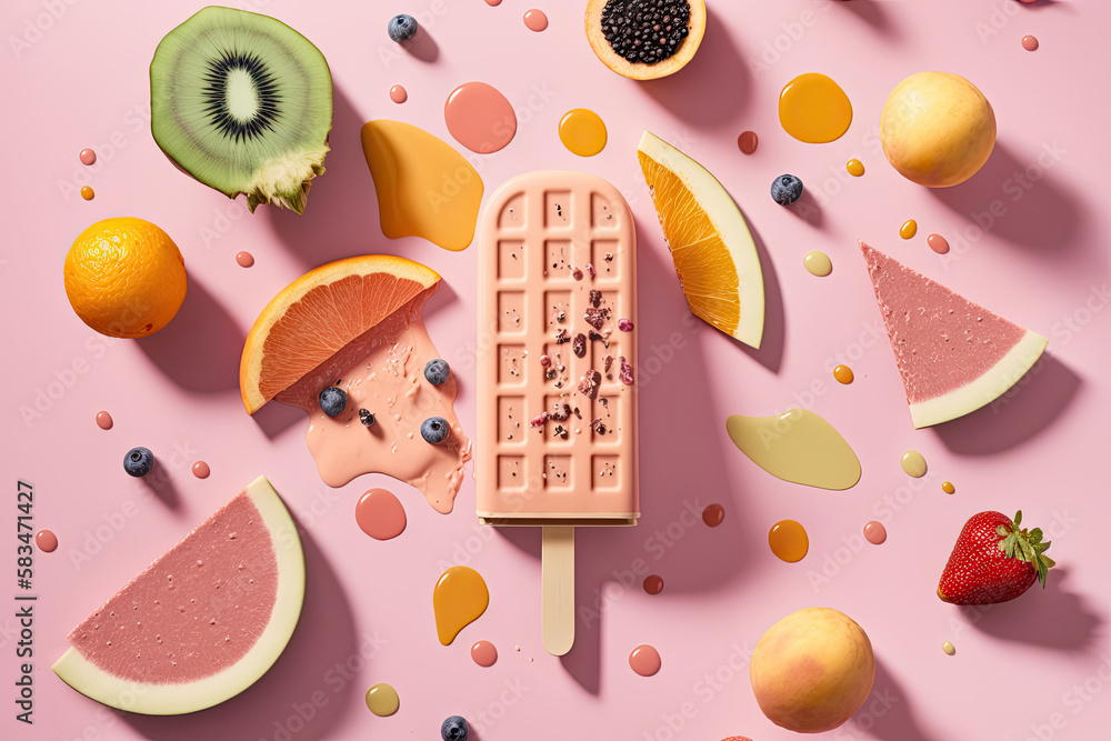 Fruit popsicle with ingredients over pink tile background. Illustration AI Generative