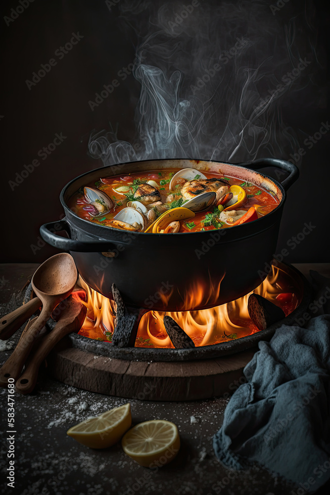 french hot soup Bouillabaisse with clams fish soup. Illustration AI Generative