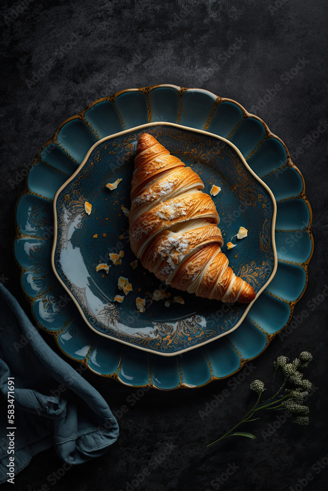 Croissant served on a ceramic plate background. Illustration AI Generative