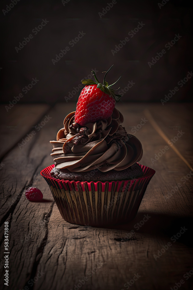 Chocolate cupcake with red berry on wooden table. Illustration AI Generative