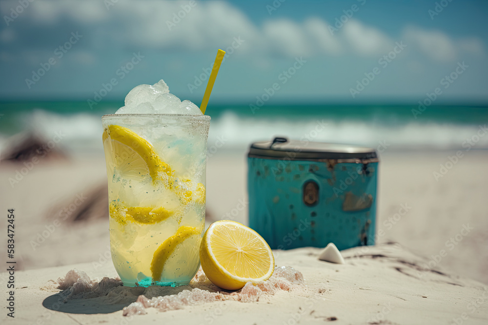 Cold drink with ice and a slice of lemon on the beach. Illustration AI Generative