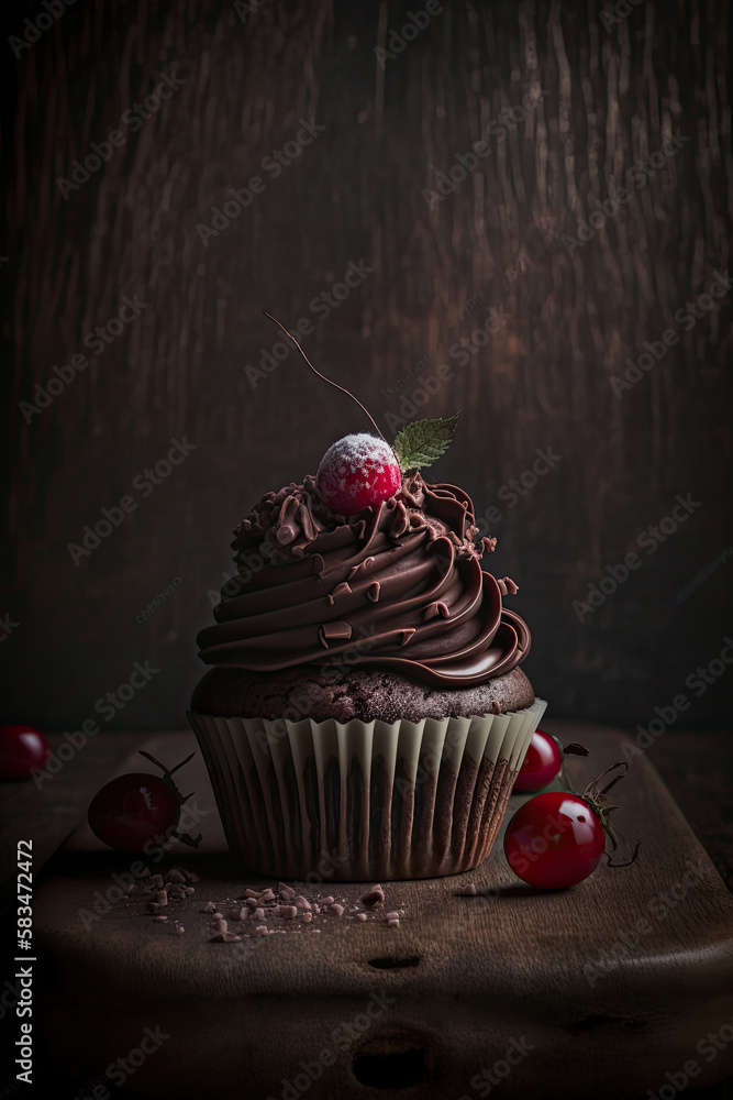 Chocolate cupcake with red berry on wooden table. Illustration AI Generative