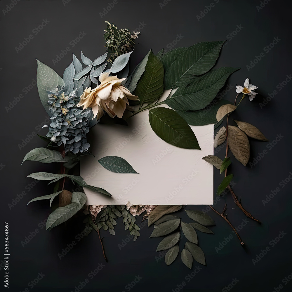 Creative layout of flowers and leaves with a paper note. Flat lay. Illustration AI Generative