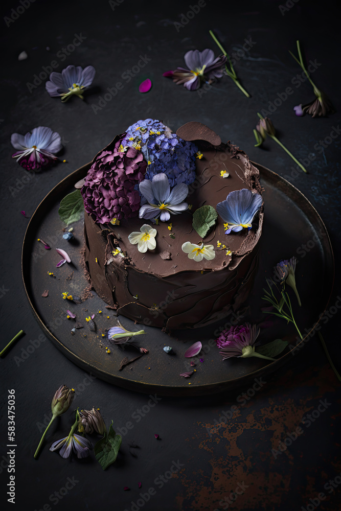 Chocolate Cake decorated with edible flowers and leaves. Illustration AI Generative