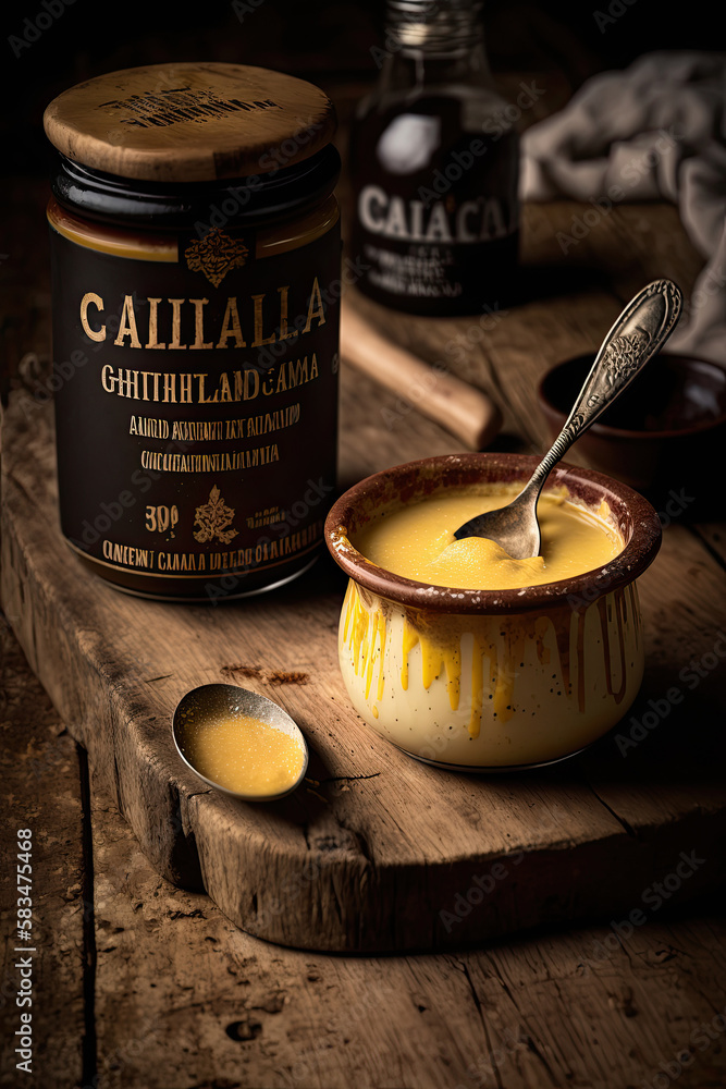 Crema Catalana Spanish Custard on a wooden kitchen top. Illustration AI Generative