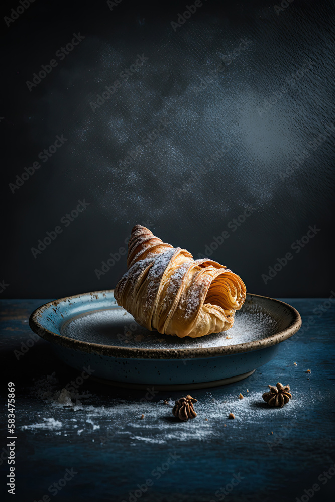 Croissant served on a ceramic plate background. Illustration AI Generative