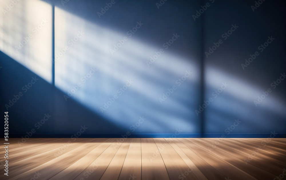 Blue empty wall and wooden floor with interesting light glare. Interior background  for the presenta