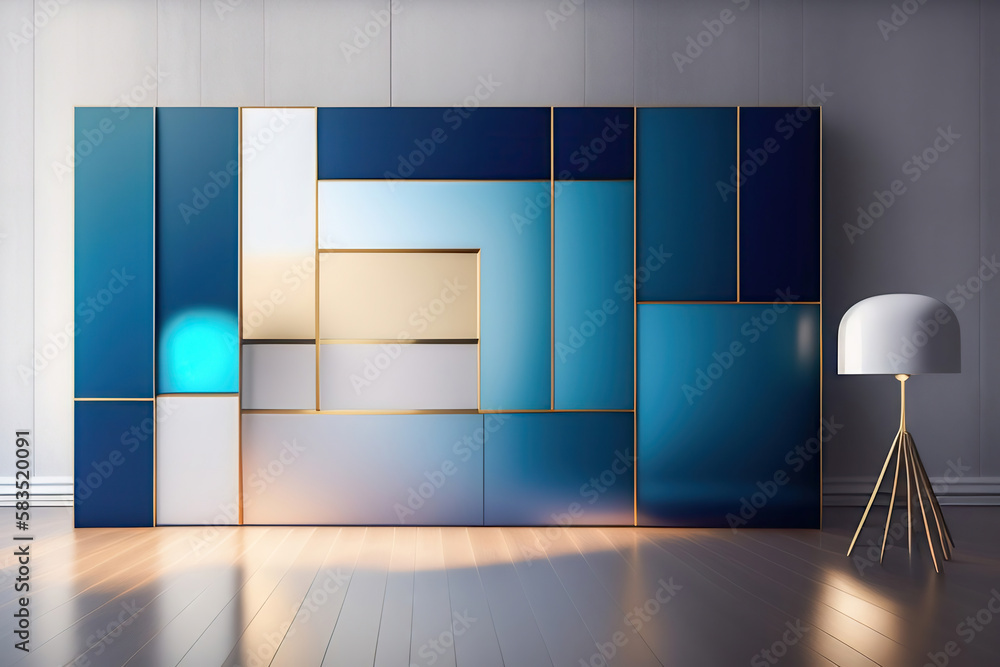 A wall with a geometric abstraction in blue tones and a floor lamp on a wooden floor. Background for