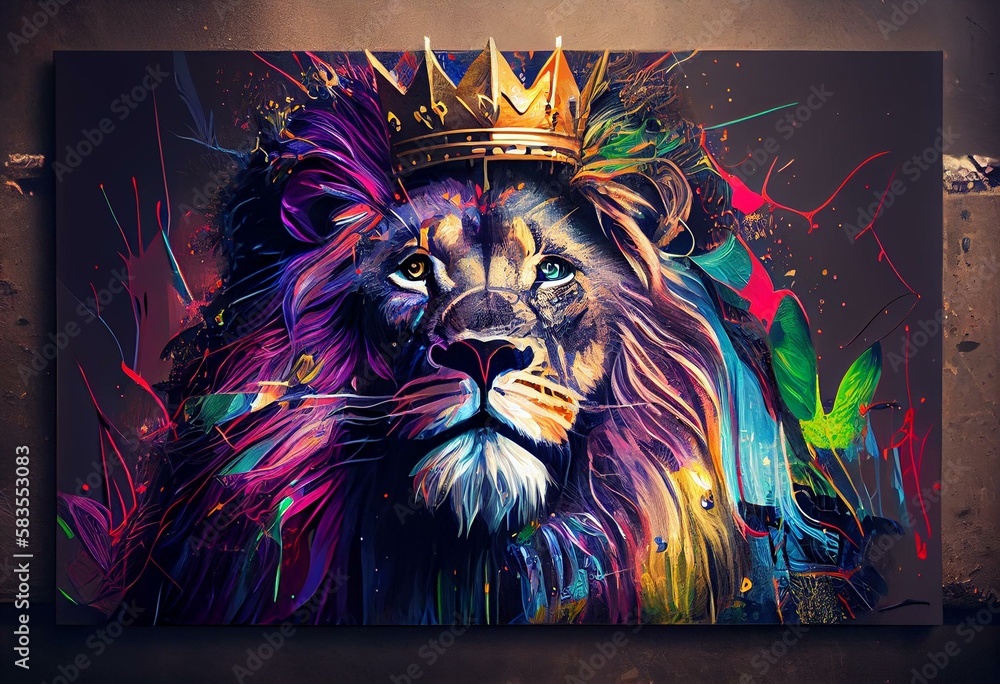 Colorful abstract lion with crown painting depicting animals. Generative AI