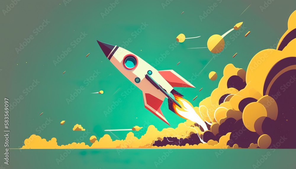 Rocket start up - Against a flat, minimalist background, the rocket symbolizes a concept - ai genera