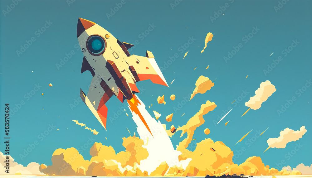 Rocket start up - The cartoon-style rocketship is playful and fun, capturing the excitement and ener