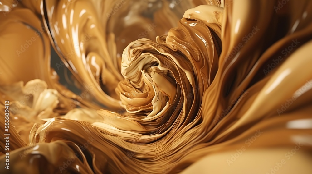 Closeup of caramel vortex. Swirl of sweet golden cream. Generative AI