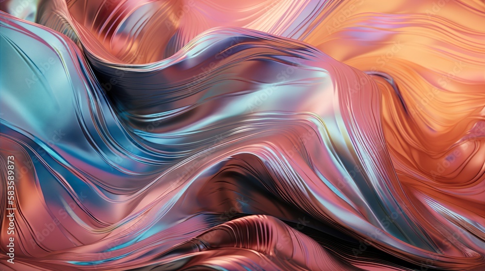 Wavy holographic foil. Neon gradient crumpled surface. Dreamy Y2K background. Generative AI