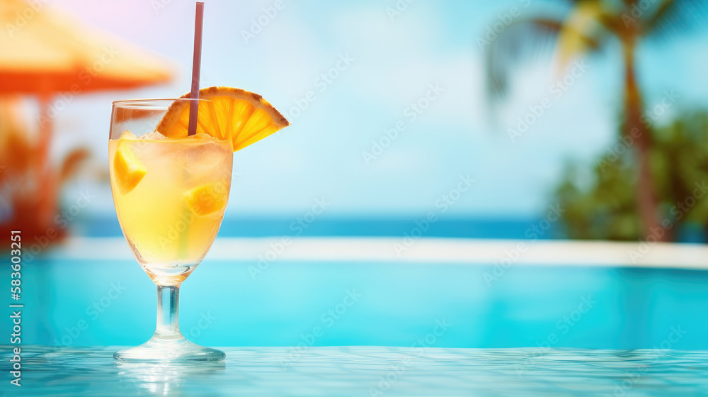 Summer Cocktail on Pool Background. Illustration AI Generative.