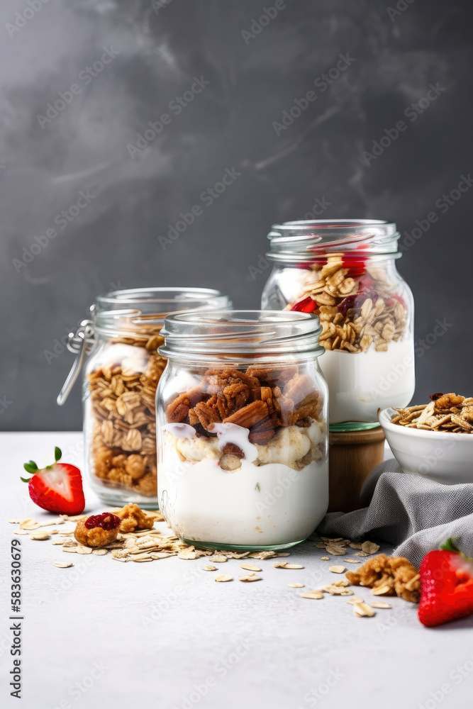 Healthy breakfast. Oatmeal Granola with yogurt Illustration AI Generative.