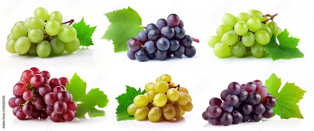 Set of grapes of different varieties and colors, isolated on a white background.