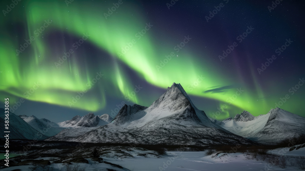 Northern Lights Above Mountains Illustration AI Generative.