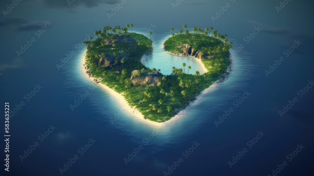 Tropical Heart Shape Island. Illustration AI Generative