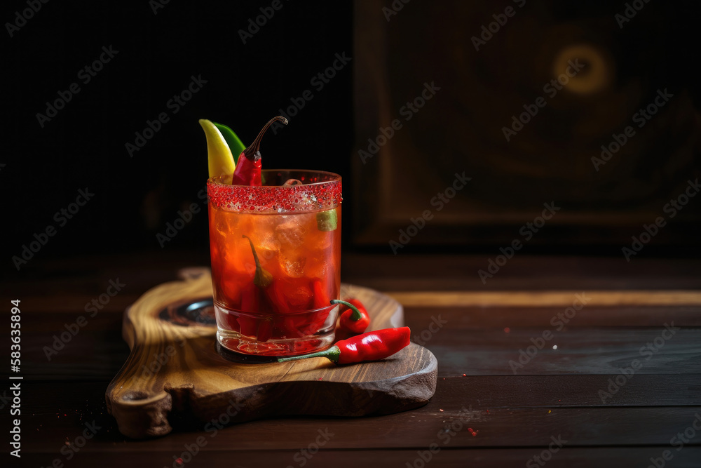 Alcoholic drink with tropical fruits of red pepper Illustration AI Generative.