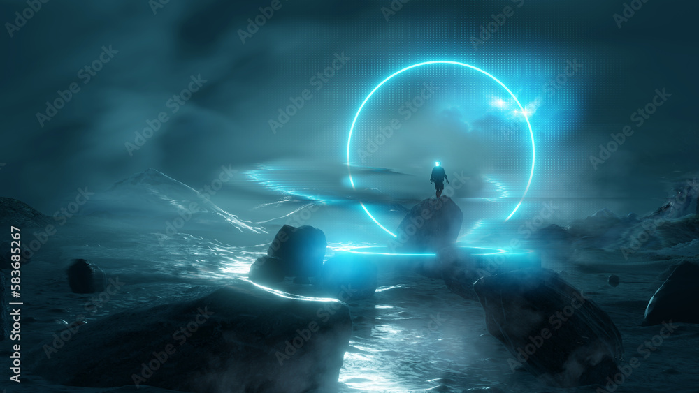 An astronaut figure standing surrounded by a glowing blue energy loop set on a strange rocky landsca