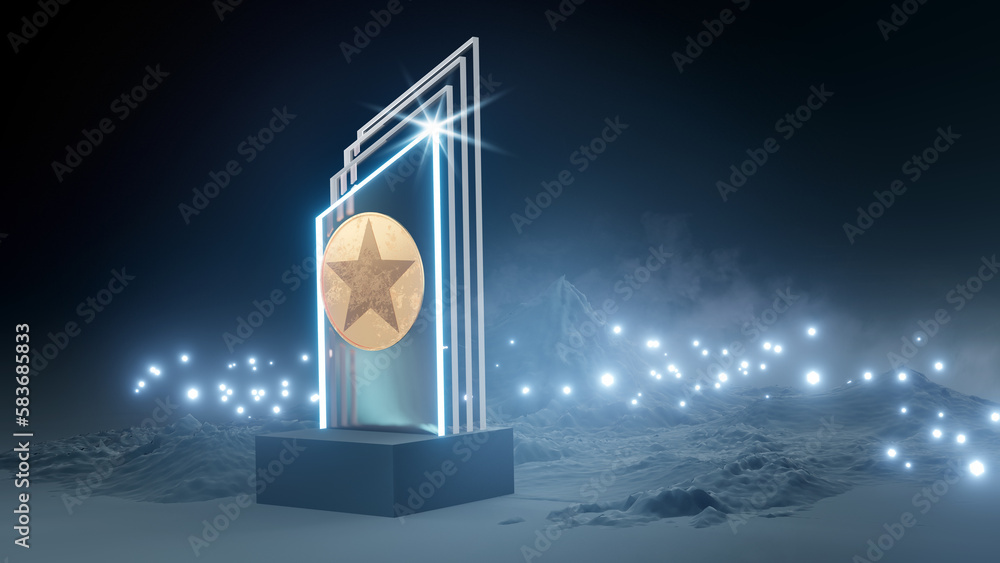 An award announcement ceremony and crystal award trophy. 3D Illustration