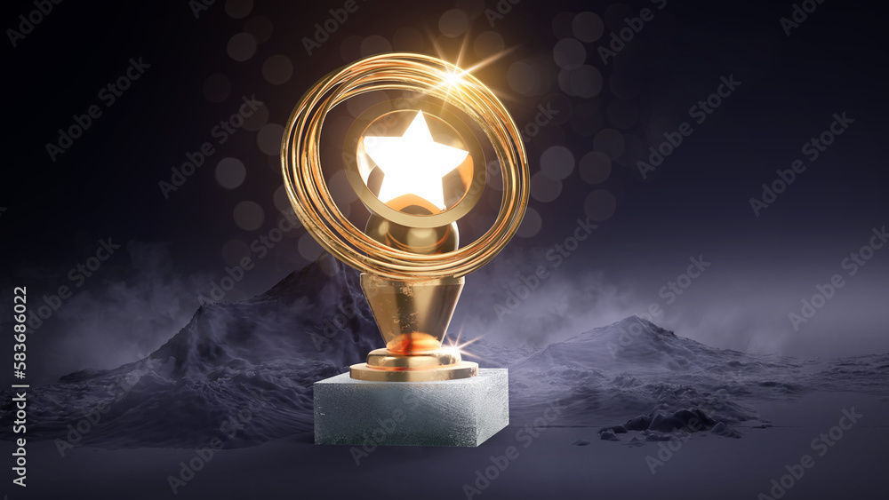 Gold star trophy award. Winner and achievement ceremony. 3D illustration