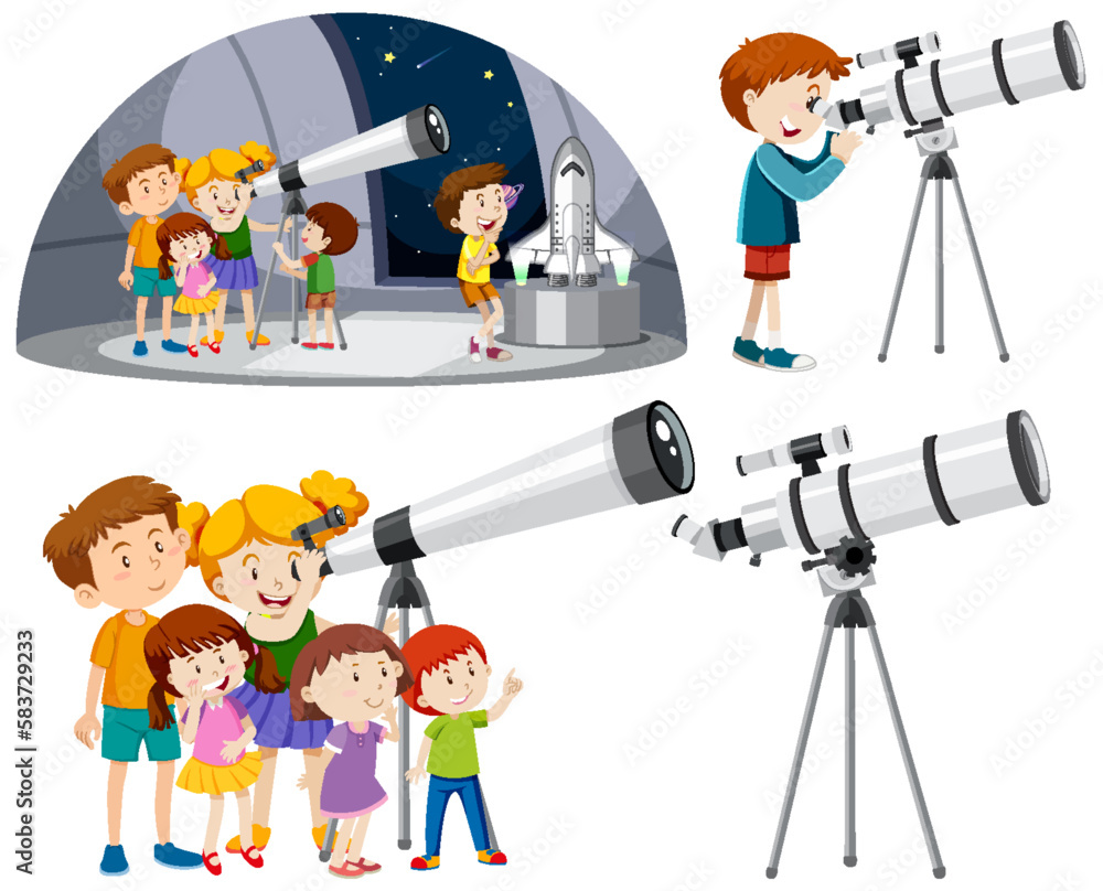 Playful Children Using Telescopes Vector Collection