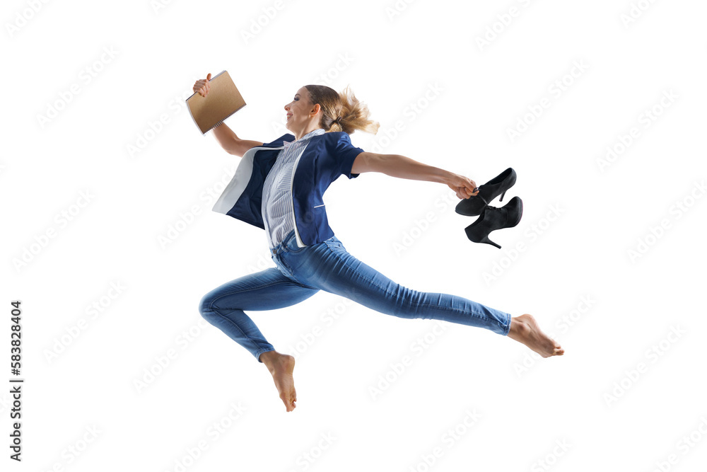 Happy office woman workers jumping in casual clothes or suit with folders isolated PNG background.