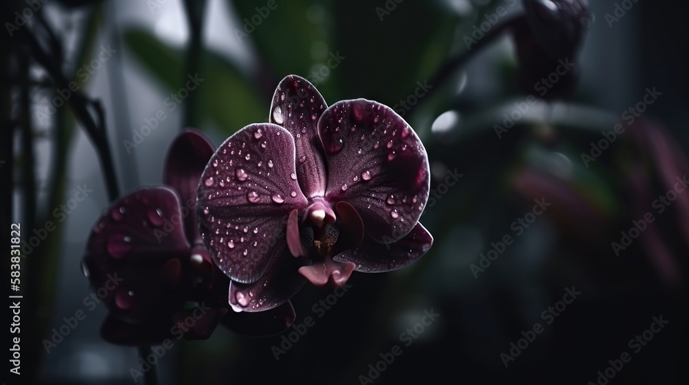 Closeup of orchid tropical plant leaves with rain drops. Green natural backdrop. Generative AI