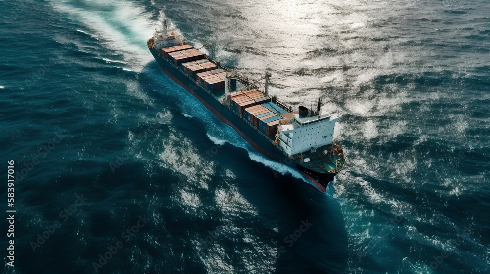 Aerial top view of a container cargo ship at sea. Maritime transportation industry. Global commerce,