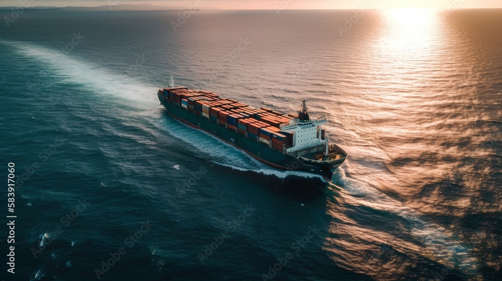 Aerial top view of a container cargo ship at sea. Maritime transportation industry. Global commerce,