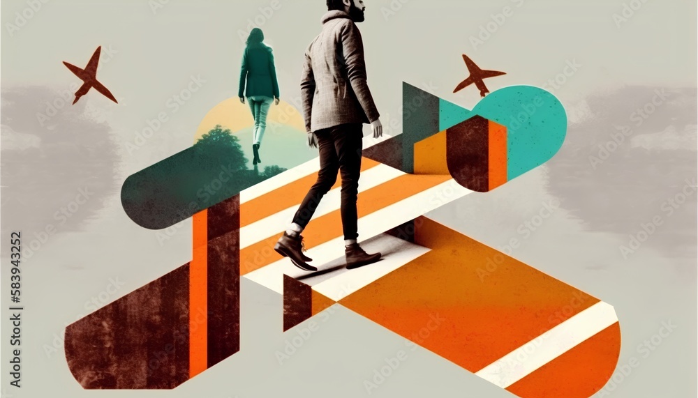 Person standing at crossroads in a stylized, collage style illustration, facing the challenge of mak