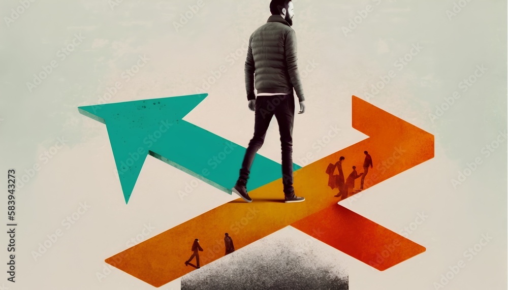 Person standing at crossroads in a stylized, collage style illustration, facing the challenge of mak