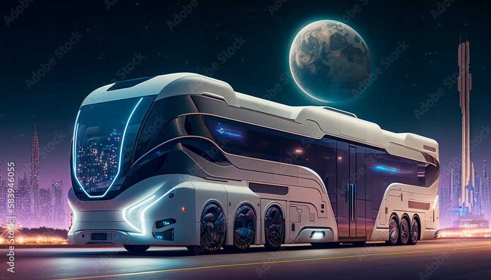 A sleek and futuristic bus driving on a city street at night with full moon, generative ai