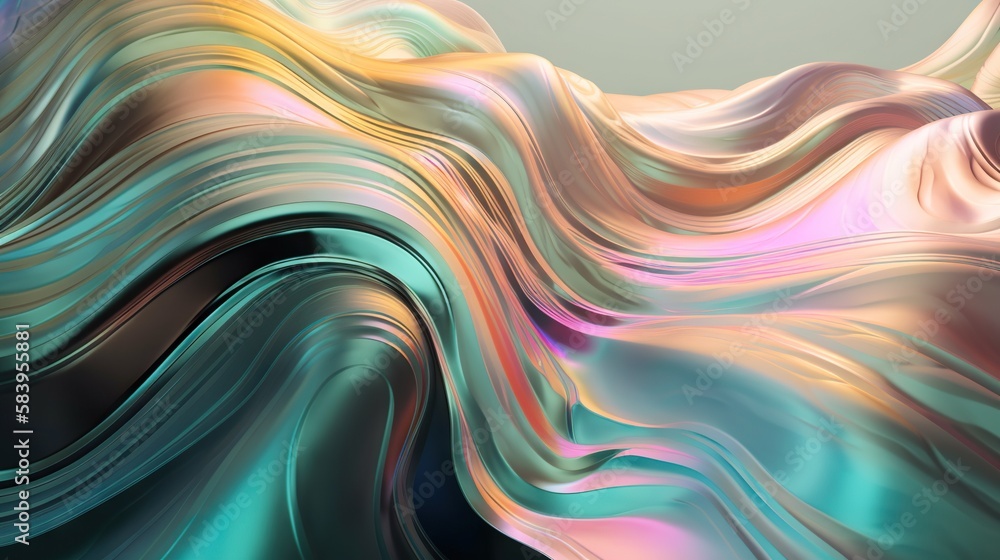 Wavy holographic foil. Neon gradient crumpled surface. Dreamy Y2K background. Generative AI