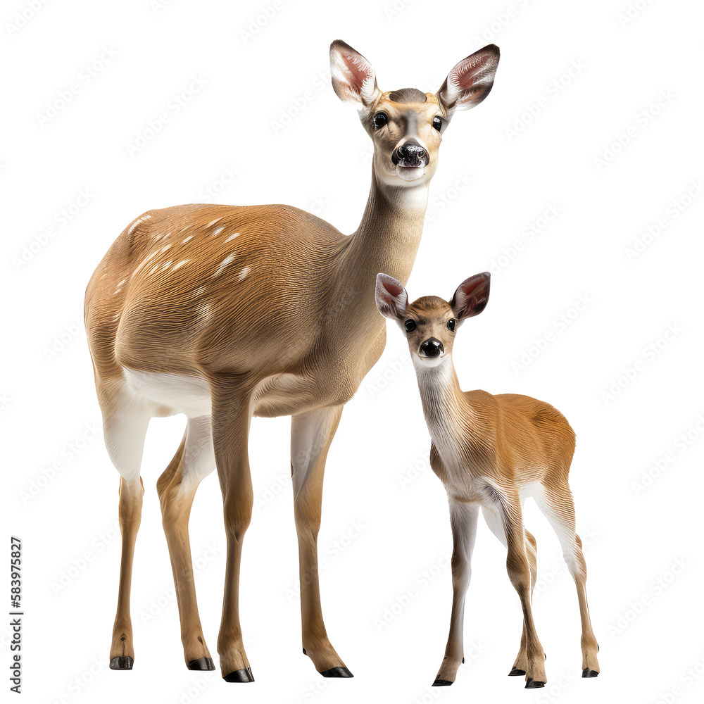 deer with fawn isolated on white background